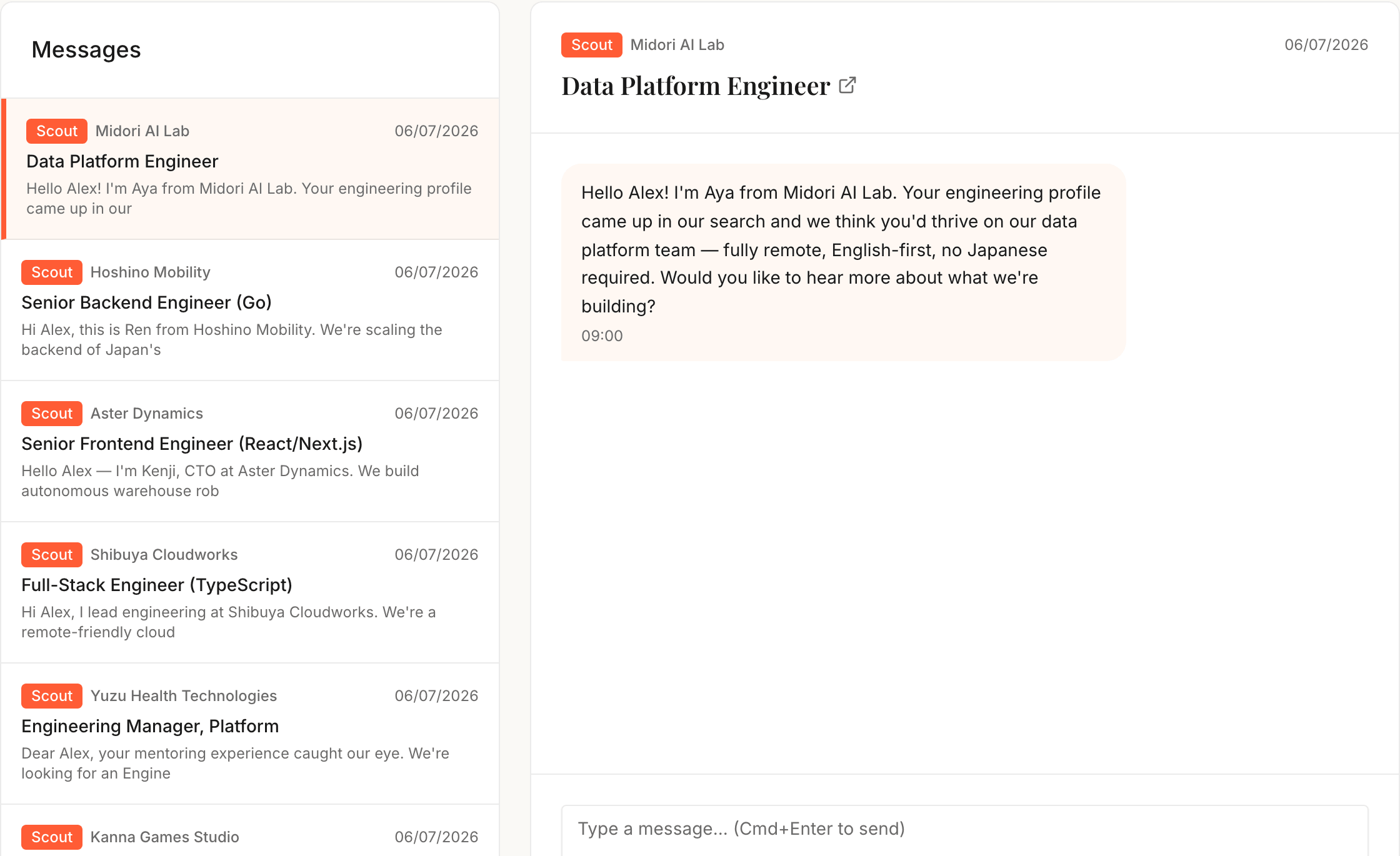 Candidate inbox with scout messages from Japanese companies